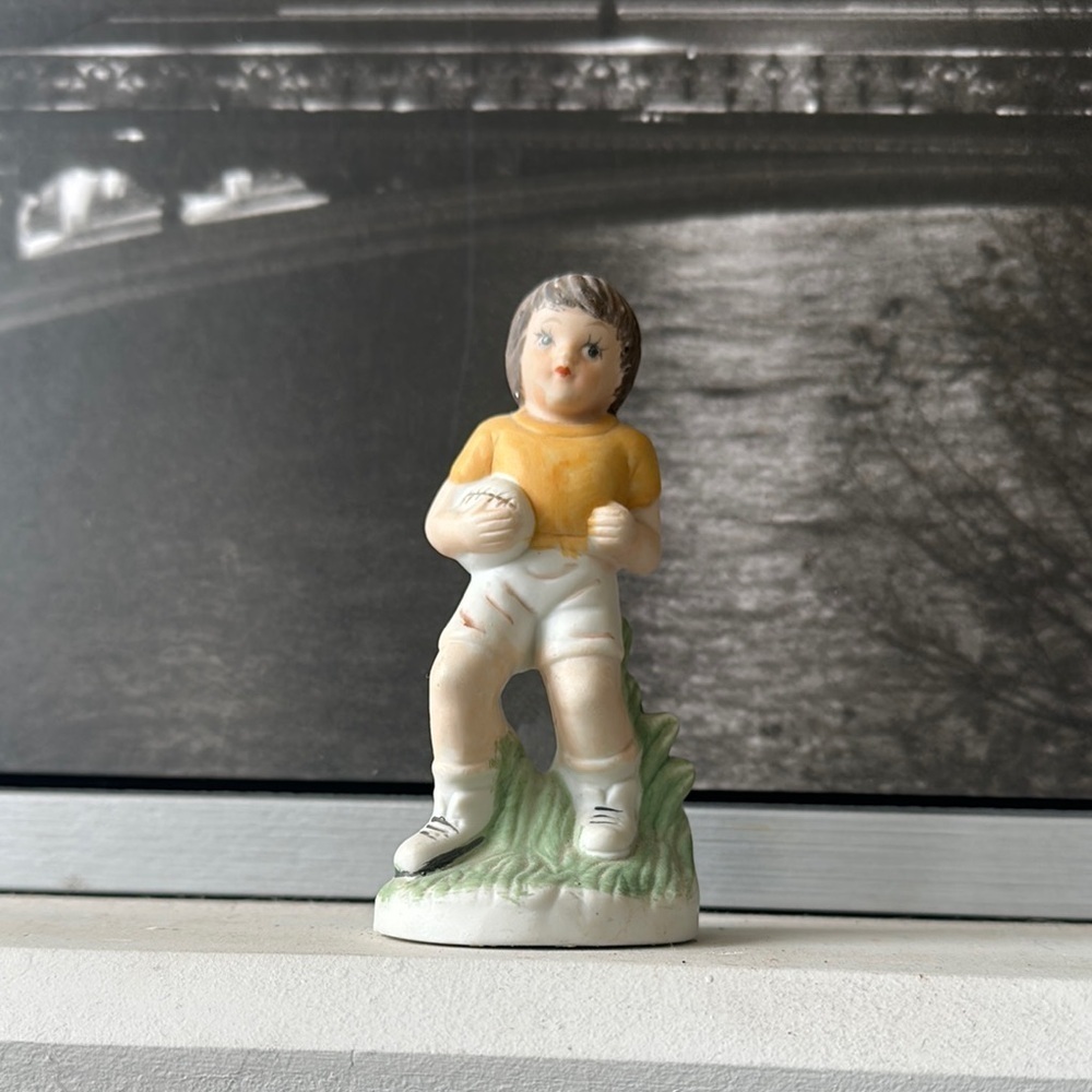 Lefton Ceramic Football Player Sculpture with Yellow Shirt in Grass 80s VTG